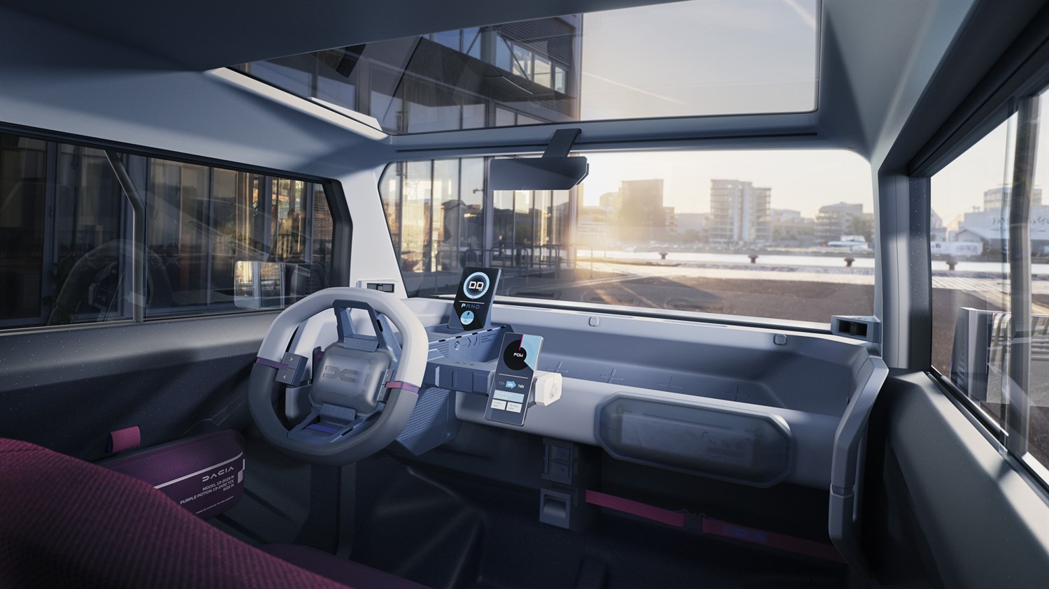 Внатрешноста на концепт автомобилот Dacia Hipster со минималистички дизајн, дигитален дисплеј на централната конзола и панорамски поглед низ големи прозорци.