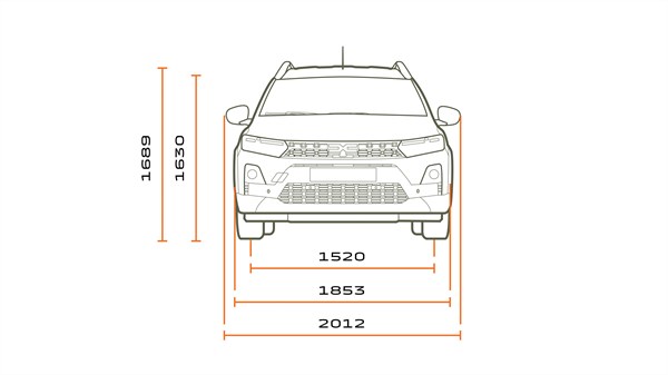 Техничка скица на предниот дел на Dacia Jogger со прикажана висина и ширина.
