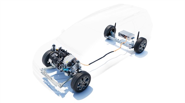 Поглед на погонскиот склоп на Dacia Jogger Hybrid 155 на бела позадина.