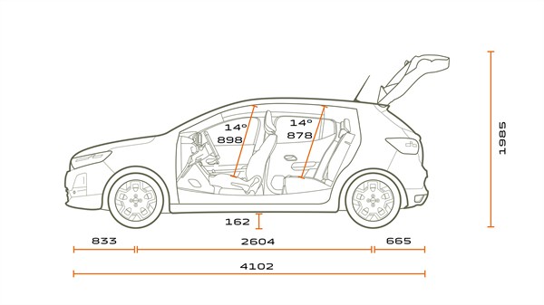 Технички странични димензии за Dacia Sandero со наведени димензии на кабината и вкупна должина.