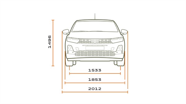 Технички предни димензии за Dacia Sandero со наведени ширина и висина.