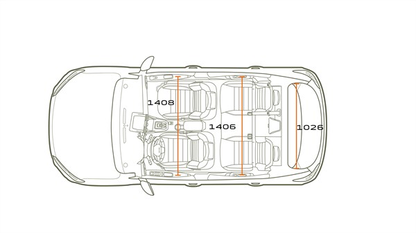 Технички поглед од горе на Dacia Sandero со наведен простор помеѓу внатрешните седишта.