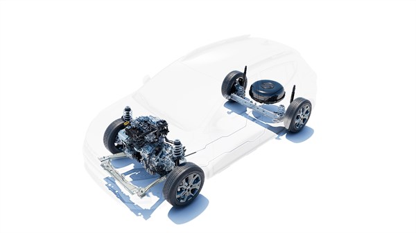 Погонскиот склоп на Dacia Sandero со ECO-G мотор прикажан преку транспарентен поглед на каросеријата, вклучувајќи го моторот, суспензијата и резервоарот за LPG гориво