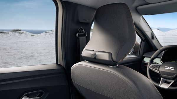 Кука YouClip прикачена на задниот дел од предното седиште на Dacia Sandero Stepway, во пуст пејзаж видлив низ прозорец.