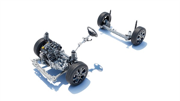 Поглед на компонентите на погонскиот склоп на Dacia Sandero Stepway TCe 110 во транспарентен поглед на каросеријата, со видливи мотор и механички компоненти.