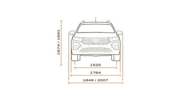 Технички поглед од предната страна на седиштата Dacia Jogger 7.